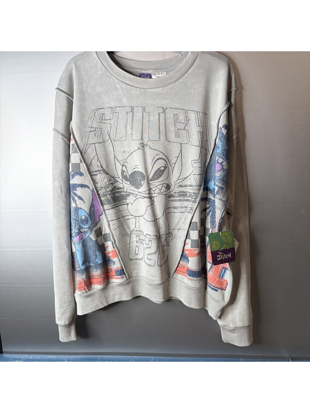 Disney Stitch Cool Gray Patchwork Crewneck Sweatshirt Medium NWT